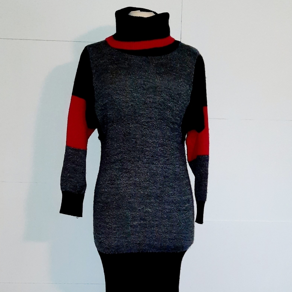 80s Dressy Tessy Ribbed Knit Sweater Dress Turtle